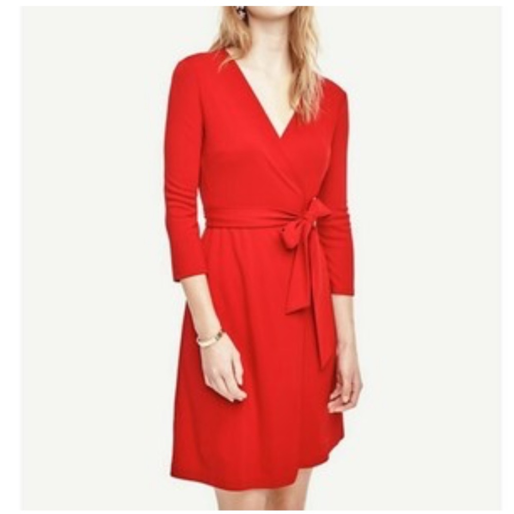 Ann Taylor Vibrant Red 3/4 Sleeve Wrap Dress Women’s Size 0 Valentine’s Day - Picture 4 of 9
